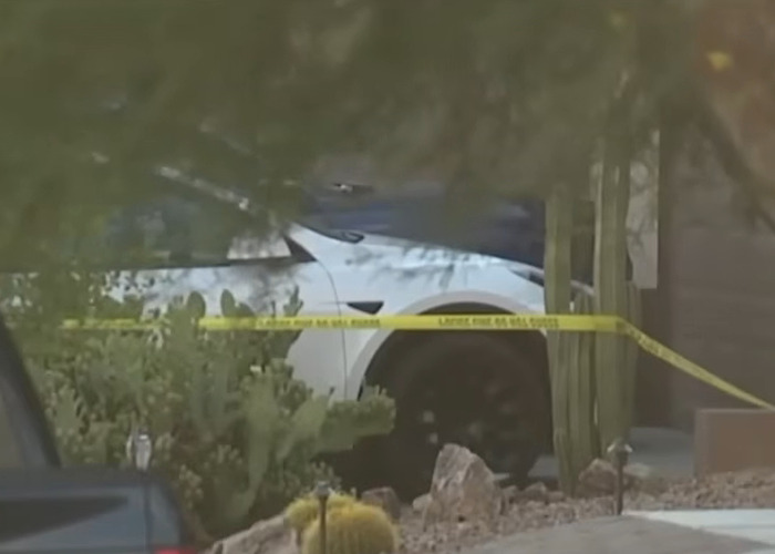 White car behind police tape near desert landscaping, related to teen unsurprised dad took his life case.
