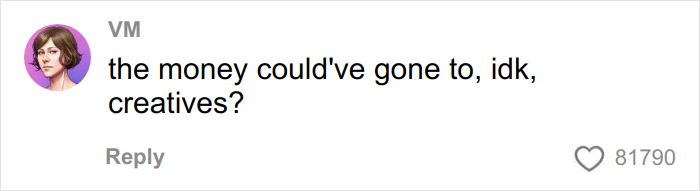 User comment saying the money could have gone to creatives, displayed in a social media style with a purple avatar and 81,790 likes visible.