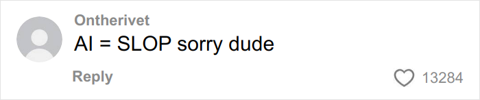 Comment saying AI = SLOP sorry dude with 13,284 likes, discussing Coca-Cola&rsquo;s holiday commercial and AI prompts.