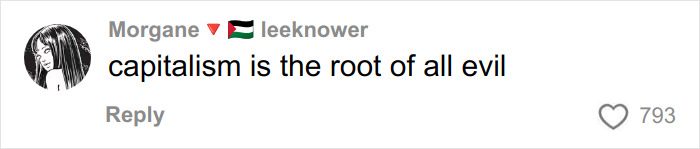 User comment stating capitalism is the root of all evil with engagement metrics on a social media platform.