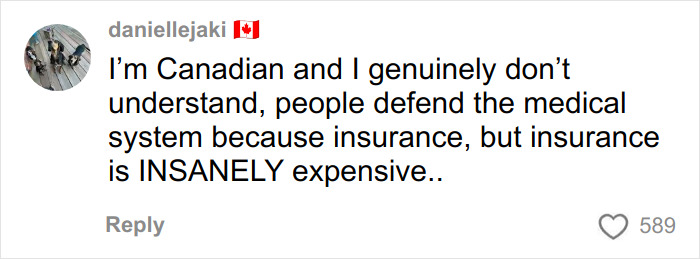 Comment from Canadian user discussing how people defend expensive insurance in the medical system, related to pay for ambulance rides.