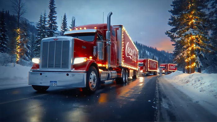 Coca-Cola holiday trucks decorated with lights driving through a snowy forest, highlighting AI holiday commercial scene.