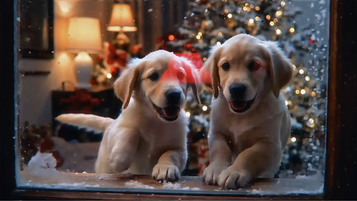 Two golden retriever puppies looking through a snowy window with holiday lights in Coca-Cola commercial scene.