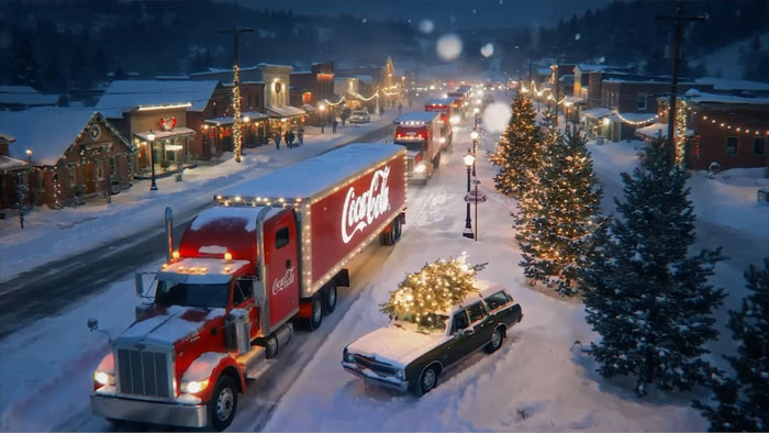 Coca-Cola holiday commercial with red trucks and festive lights on snowy street illustrating AI prompt creativity.