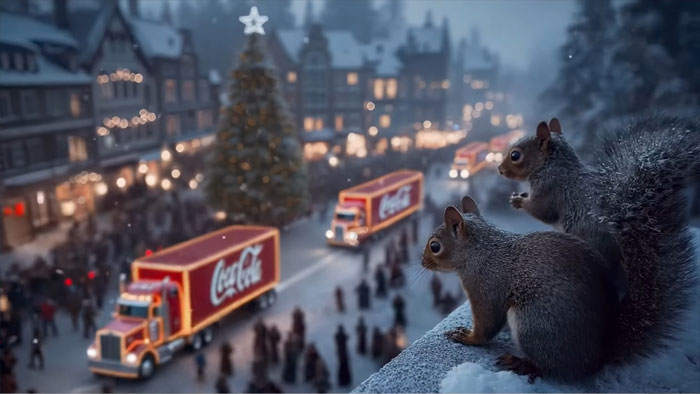 Two squirrels observing a snowy holiday scene with Coca-Cola trucks and a decorated Christmas tree in the background.