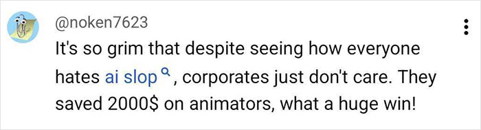 Tweet criticizing corporates for using AI slop in animation to save $2000 despite public dislike, related to Coca-Cola holiday ad.