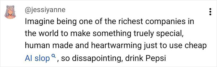 Screenshot of a social media post criticizing Coca-Cola&rsquo;s holiday commercial and mentioning AI and cheap AI slop.