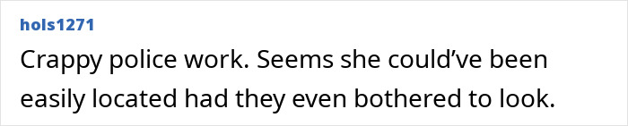Comment text displayed on a white background criticizing police work related to a missing woman&rsquo;s body discovered in a garage case.