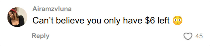 Comment on social media showing disbelief about having only six dollars left during a survival challenge in NYC.