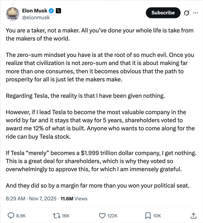 Elon Musk responds to Joyce Carol Oates with a detailed tweet about Tesla and shareholder value after uncultured comment backlash.