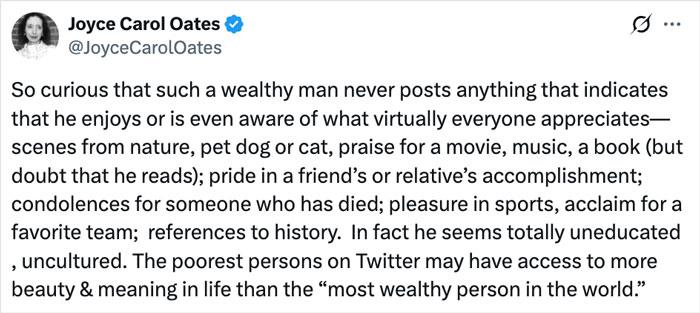 Screenshot of Joyce Carol Oates tweet criticizing Elon Musk as uncultured in a Twitter thread about wealth and appreciation.