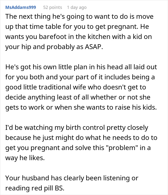 Screenshot of a comment discussing gender roles and a woman refusing to quit her job after husband's promotion.