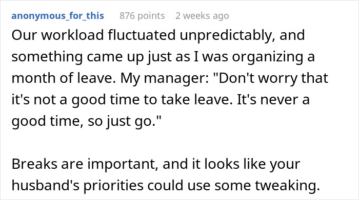 Text post discussing a family vacation turning into an ultimatum due to husband's business priorities and wife's solo trip threat.