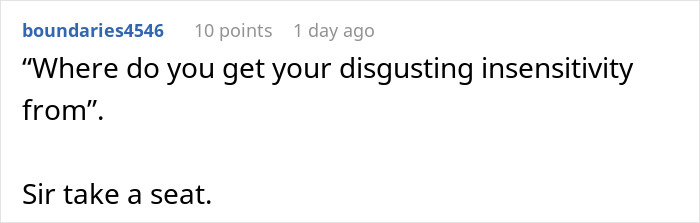 Screenshot of an online comment criticizing someone's insensitive behavior, highlighting conflict involving a cheating husband and infertility issues. Screenshot of an online comment criticizing someone's insensitive behavior, highlighting conflict involving a cheating husband and infertility issues.