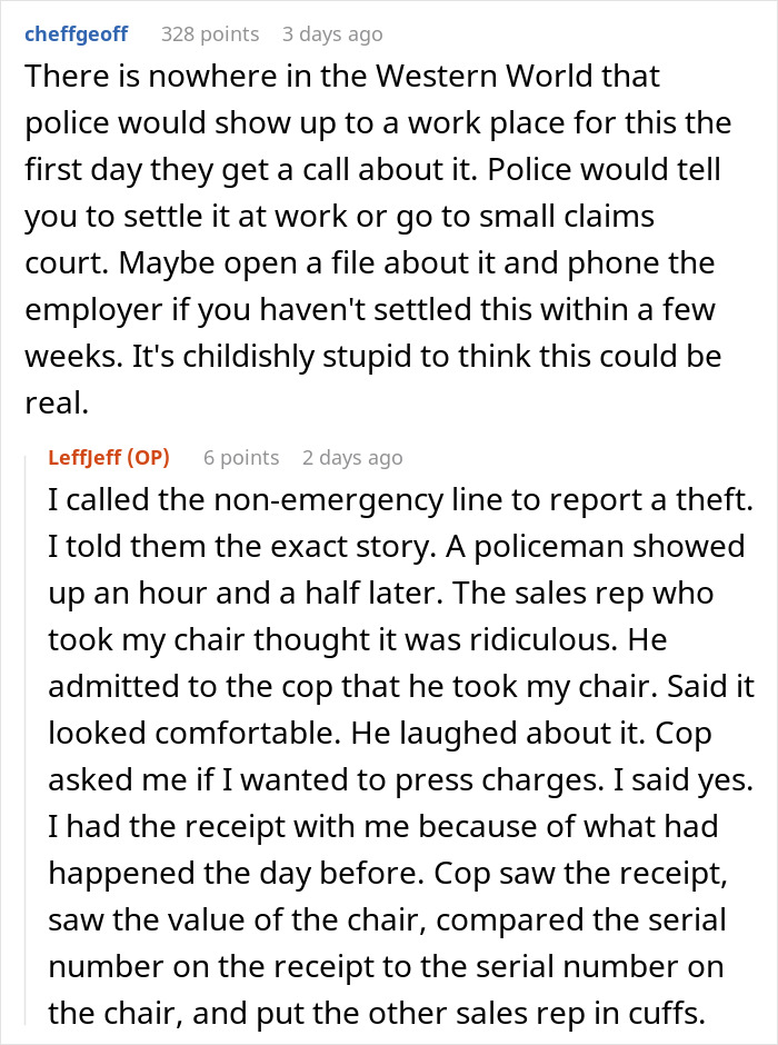 Comment exchange about police involvement after theft of a $1.8K office chair and workplace consequences discussed. Comment exchange about police involvement after theft of a $1.8K office chair and workplace consequences discussed.