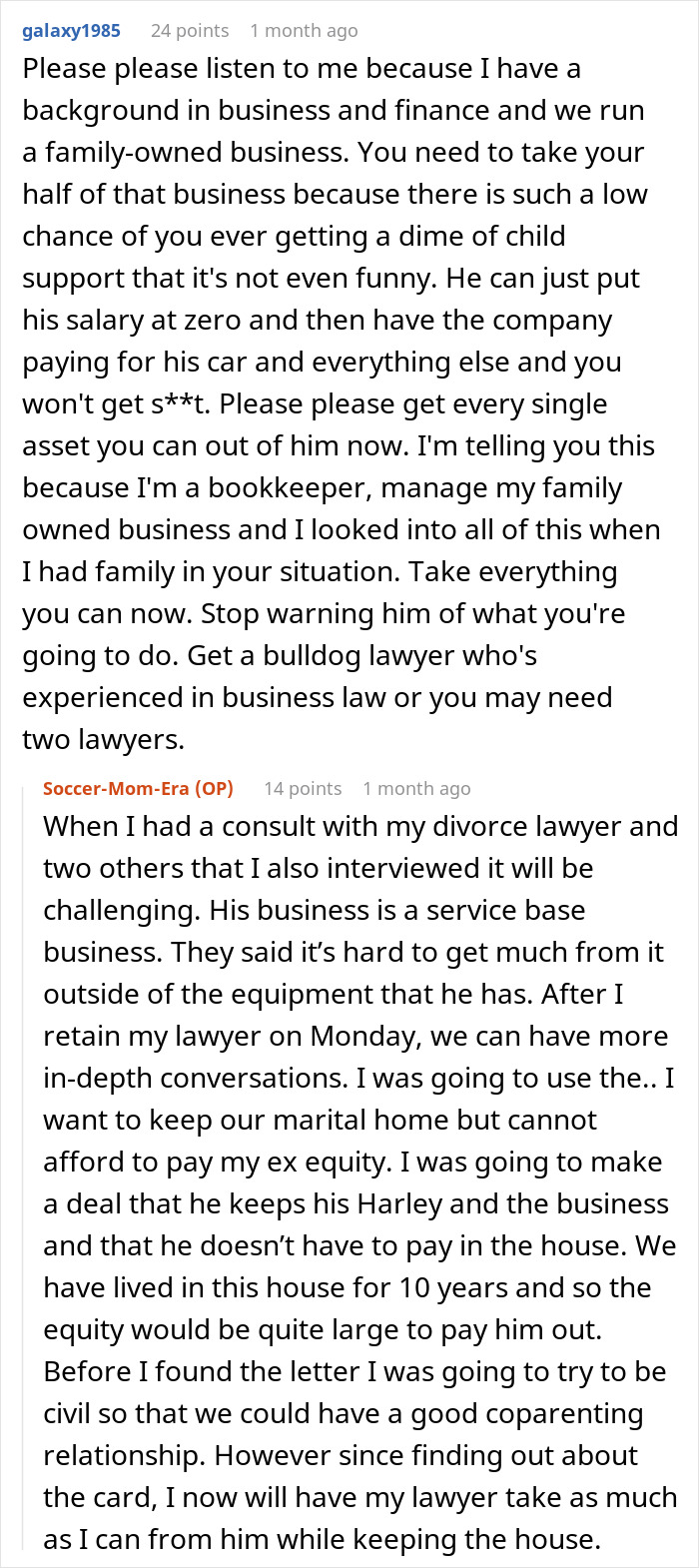 Reddit comments discussing divorce, child support, and managing business assets during separation.