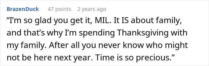 Screenshot of a Reddit comment where a woman explains wanting to celebrate Thanksgiving with her kid, causing MIL to react strongly.