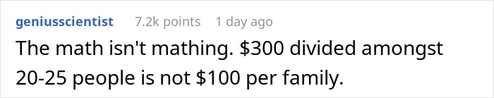 Comment discussing the incorrect math of dividing $300 among 20-25 people related to refusing to bring expensive food Thanksgiving.