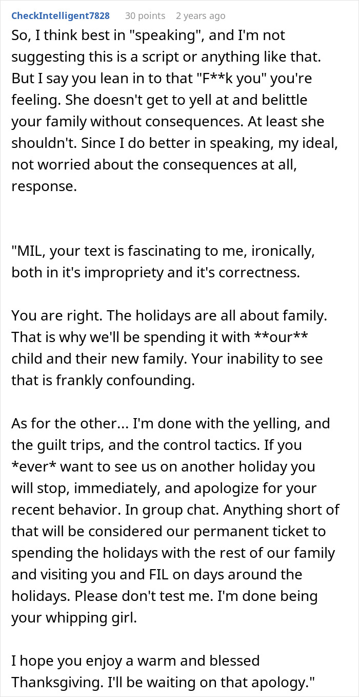 Text post showing a woman explaining MIL&rsquo;s harsh behavior after wanting to celebrate Thanksgiving with her kid.