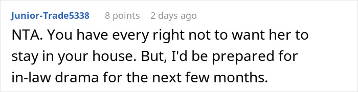 Comment discussing a woman refusing to let her homeless sister-in-law move in, warning of possible in-law drama.