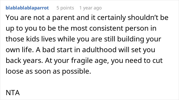 Screenshot of an online comment discussing a teen refusing to babysit step-siblings, sparking parental anger.