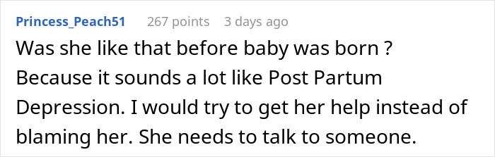 Comment about postpartum depression, suggesting help and conversation for stay-at-home mom facing challenges