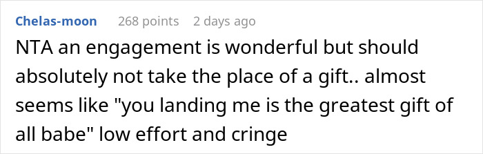 Comment discussing how a man thinks his proposal counts as a Christmas gift but receives a reality check.