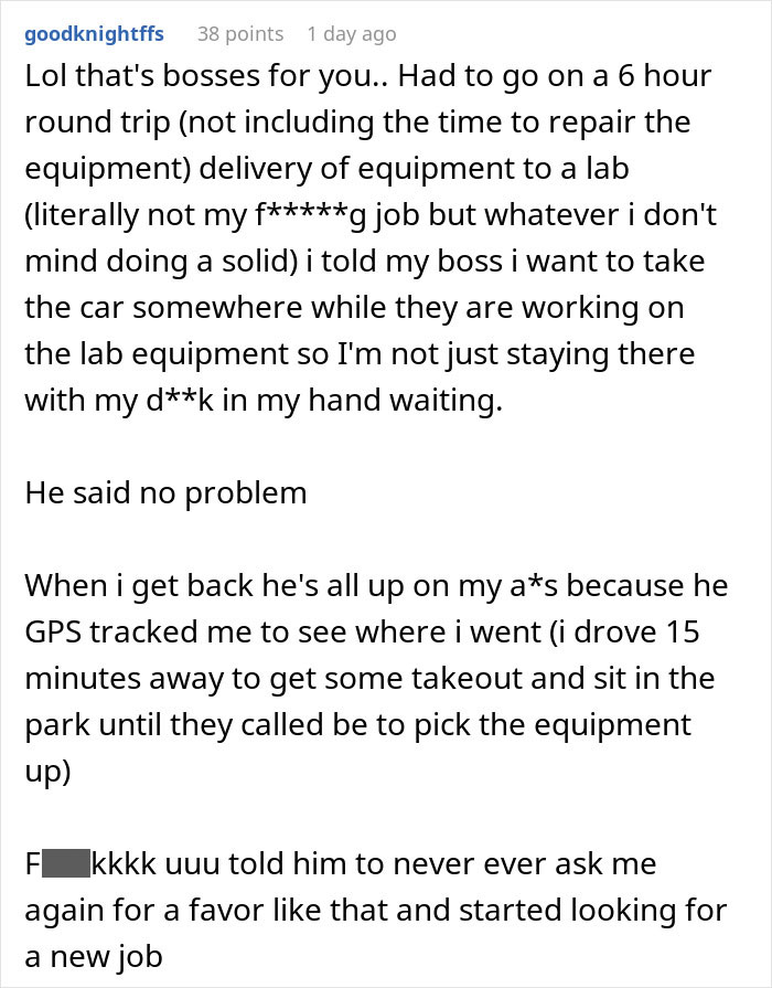 Reddit comment describing a manager letting employee take time off, then freaking out after tracking their location.