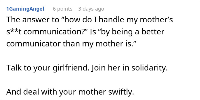 Text message on a screen about handling difficult communication and cutting ties with mother after revealing true colors to girlfriend.