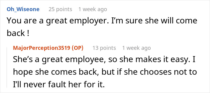Screenshot of an online discussion about a boss wondering if they should ask an employee if she&rsquo;s pregnant in a right to fire state.