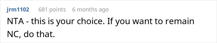 Screenshot of a Reddit comment discussing estranged parents and a son refusing contact after 20 years of neglect.