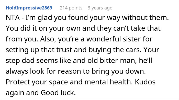 Comment praising woman accused of flexing wealth after giving stepsiblings cars and cash, highlighting stepdad's bitterness.