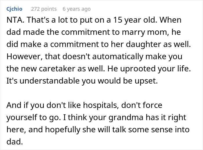 Comment excerpt from an online forum discussing a sad teen who refuses to visit special needs stepsister in hospital, expressing empathy.