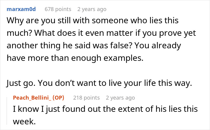 Screenshot of a Reddit conversation discussing a man lying about his master&rsquo;s degree and the wife uncovering the truth.