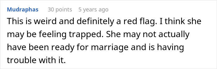 Screenshot of an online comment expressing concern about a wife possibly feeling trapped in marriage, confusing the husband.
