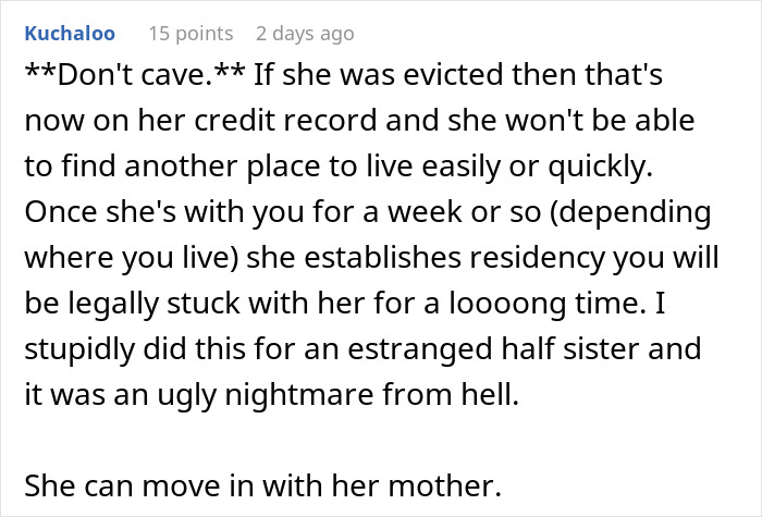 Screenshot of a Reddit comment discussing legal issues when a homeless sister-in-law tries to move in with family members.