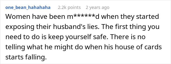 Screenshot of an online comment discussing a wife exposing her husband&rsquo;s lies about a master&rsquo;s degree.