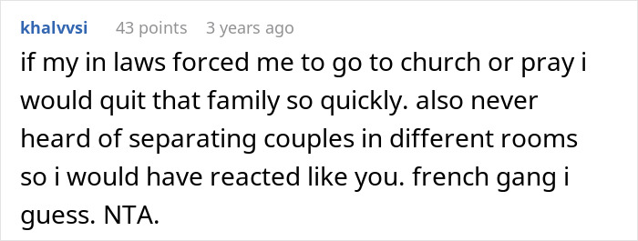 Comment discussing MIL making son's girlfriend sleep separately due to praying and church beliefs, expressing disagreement.