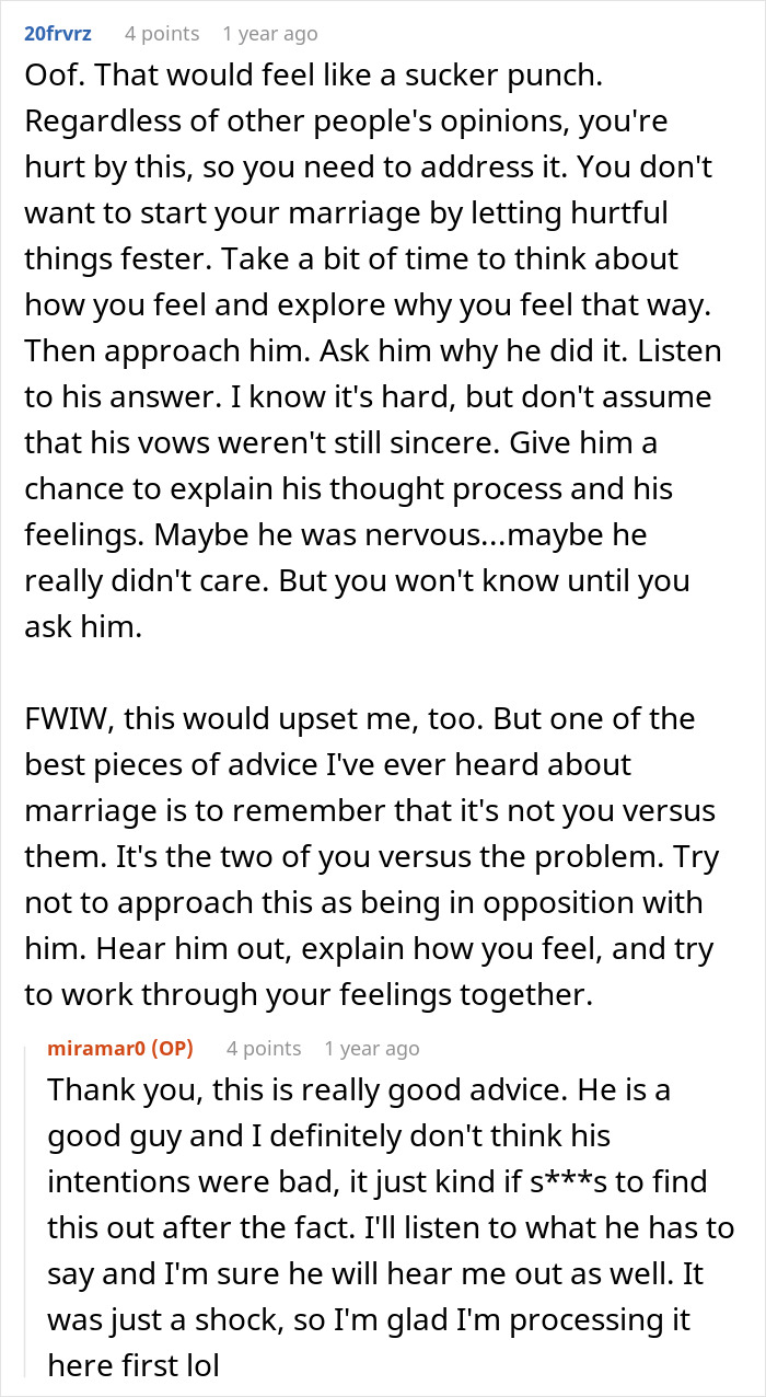 Reddit comments discussing the emotional impact of groom’s vows and how the wife processes the revelation about them. Reddit comments discussing the emotional impact of groom’s vows and how the wife processes the revelation about them.