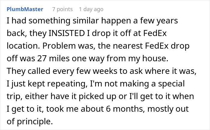 Comment describing a frustrating experience with a company sending packages to the wrong address and expecting return at customer&rsquo;s expense.