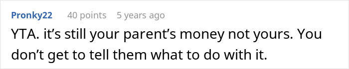 Screenshot of an online comment discussing parents planning to use 16-year-old's college fund for cat surgery and teen's refusal.