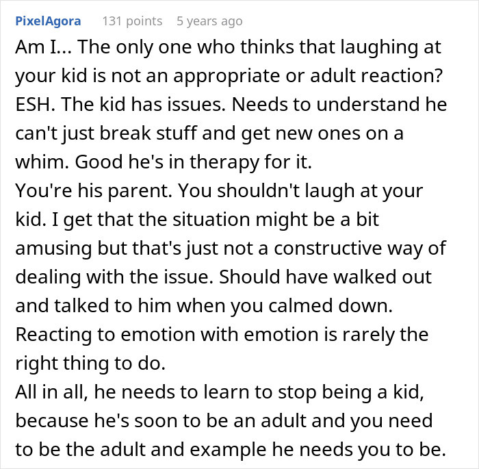 Commenter discusses teen breaking new chair and asks dad to replace it, emphasizing need for responsible behavior and parenting.