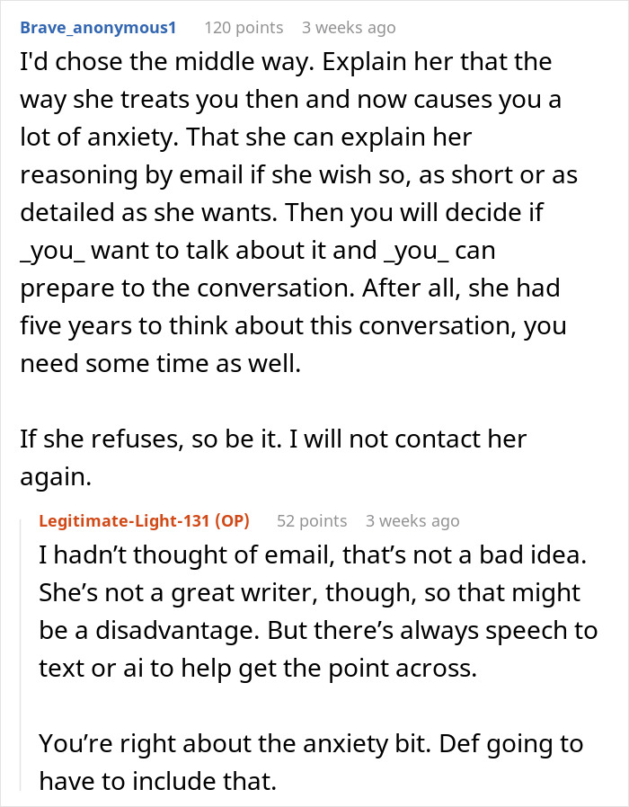 Reddit conversation discussing best friend no contact returns, anxiety, and using email to communicate and clarify feelings.