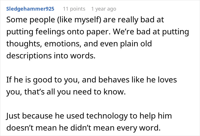 Reddit comment discussing groom’s vows making wife cry and how technology helped him write heartfelt words. Reddit comment discussing groom’s vows making wife cry and how technology helped him write heartfelt words.