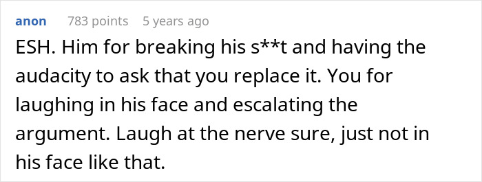 Screenshot of an online comment discussing a teen breaking a new chair and asking dad to replace it.