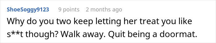 Comment discussing a toxic MIL playing the victim while family distances themselves from a gay couple&rsquo;s situation.