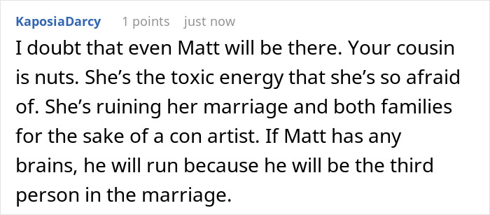 Comment expressing doubt about Matt attending and calling the spiritual bride toxic energy causing chaos before wedding.