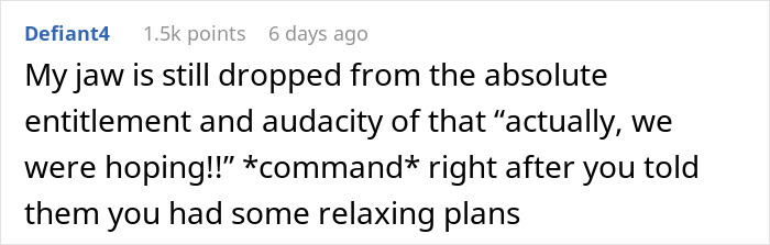 Comment expressing shock at family entitlement when trying to dump kids on childfree cousin during vacation conflict.