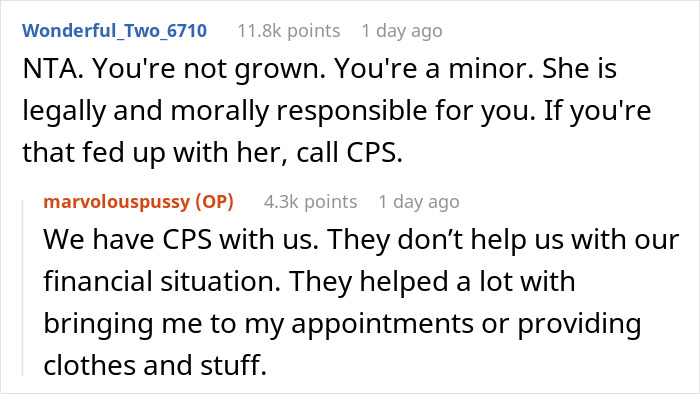 Screenshot of a Reddit discussion about a 17-year-old calling out mom for retiring from parenting and making kids buy their own food.