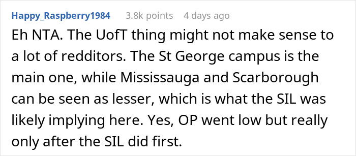 Reddit comment discussing stay-at-home mom mocking sister-in-law's college and degree comparison debate.